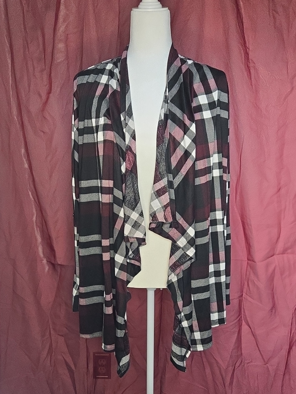 Draped Plaid Open-Front Cardigan in Black, Pink and White